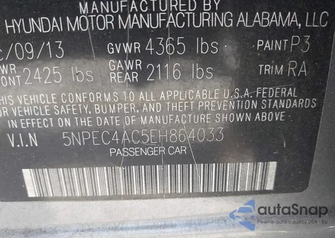 2014 Hyundai Sonata Se z USA, uszkodzony, nr VIN 5NPEC4AC5EH864033